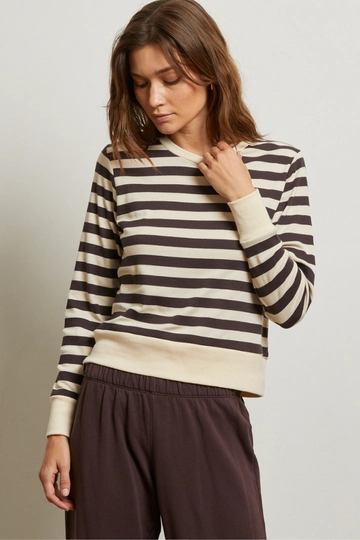 StaticResistantFabric UltraSoft Blend Stef Luxe Ribbed Long Sleeve Crew Tee in Mocha Stripe