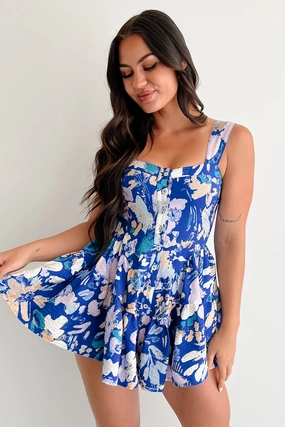 Work Option Pout About It Sleeveless Floral Romper (Retro Blue)