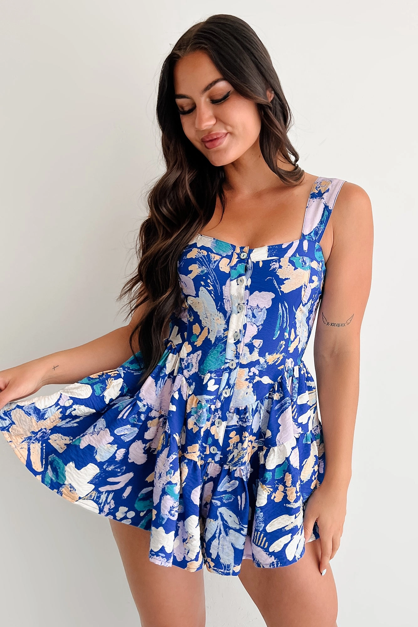 Work Option Pout About It Sleeveless Floral Romper (Retro Blue)
