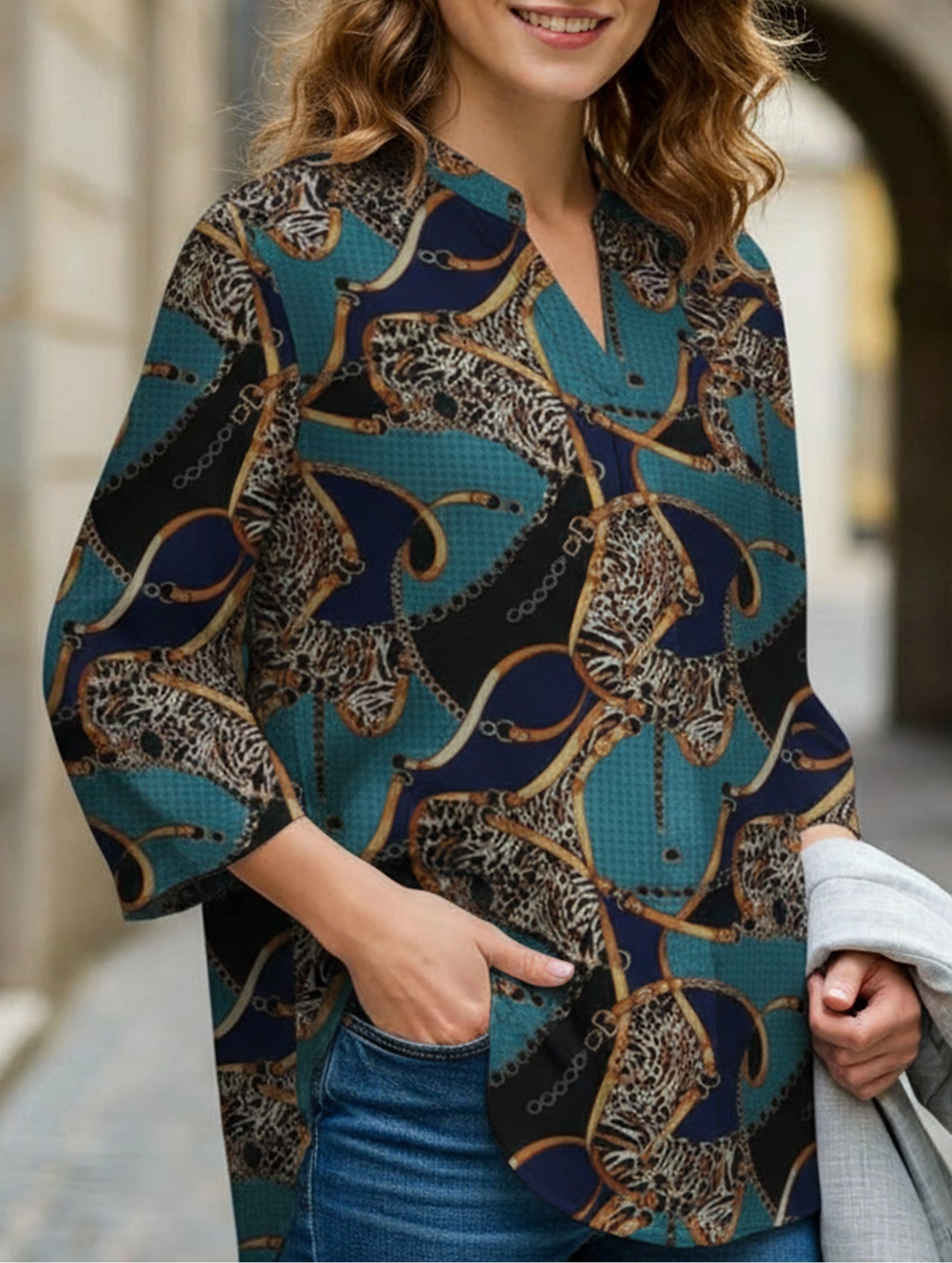 QuickDrying Adjustable Hem Toggles Printed lapel long-sleeved tunic top