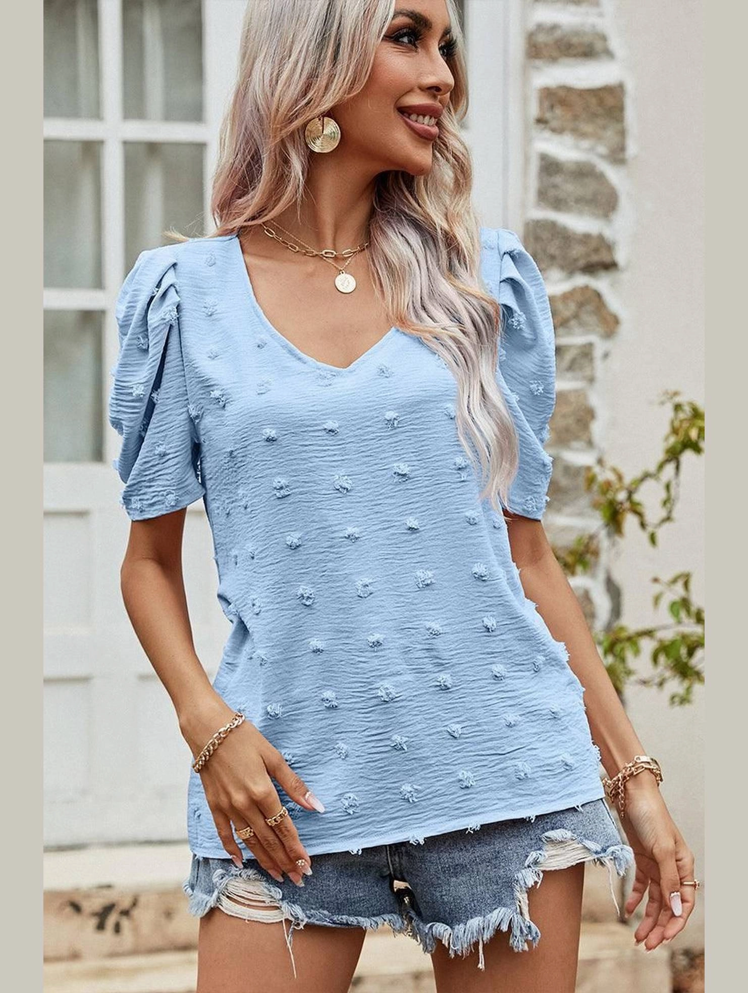 TaglessCollar PUFF SLEEVE DEEP NECK CASUAL TOP