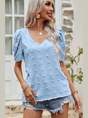 Drop Shoulder Design SoftTouchBrushedInterior PUFF SLEEVE DEEP NECK CASUAL TOP