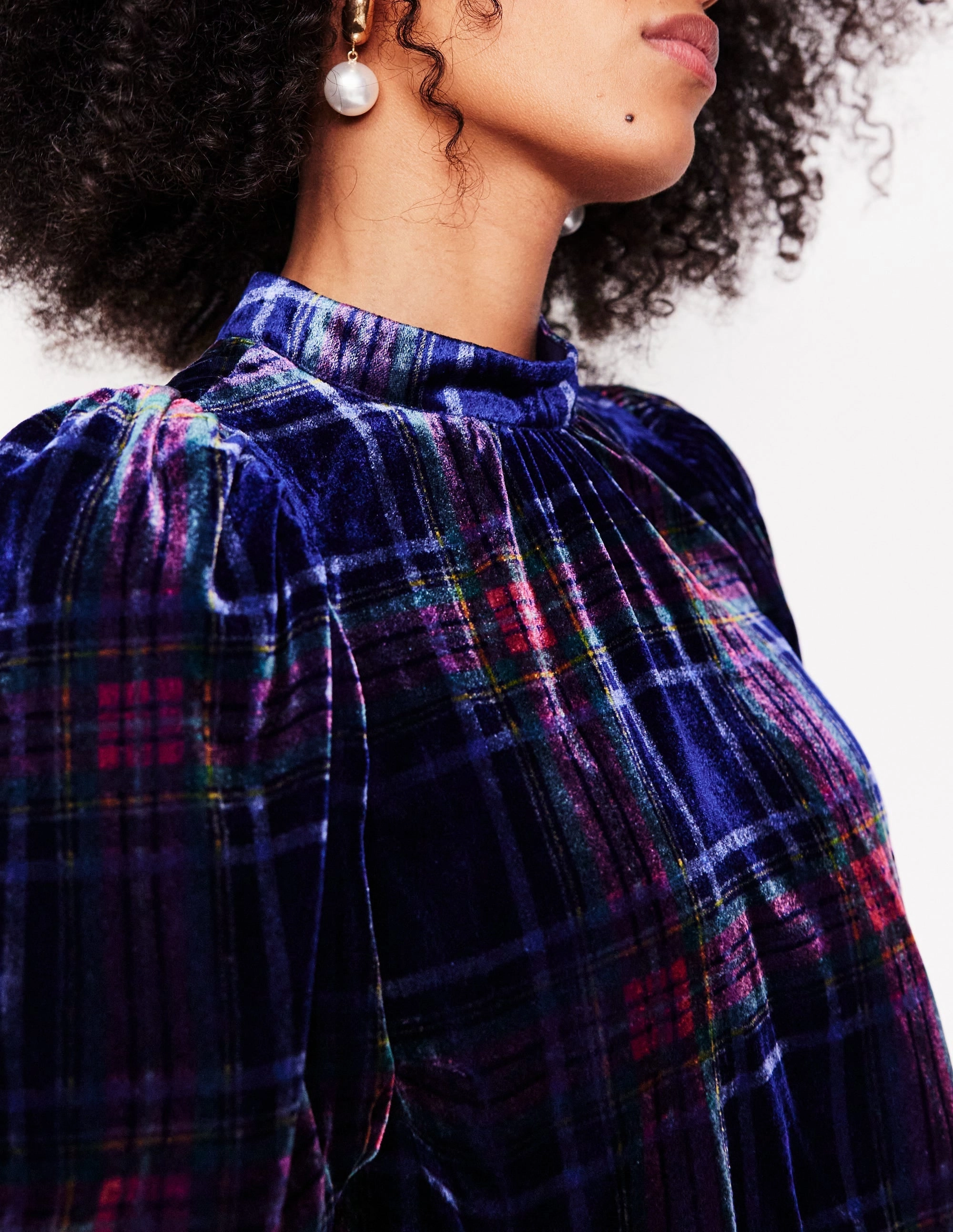 Puff Sleeve Velvet Top-Navy and Red Check Soft Touch Fabric