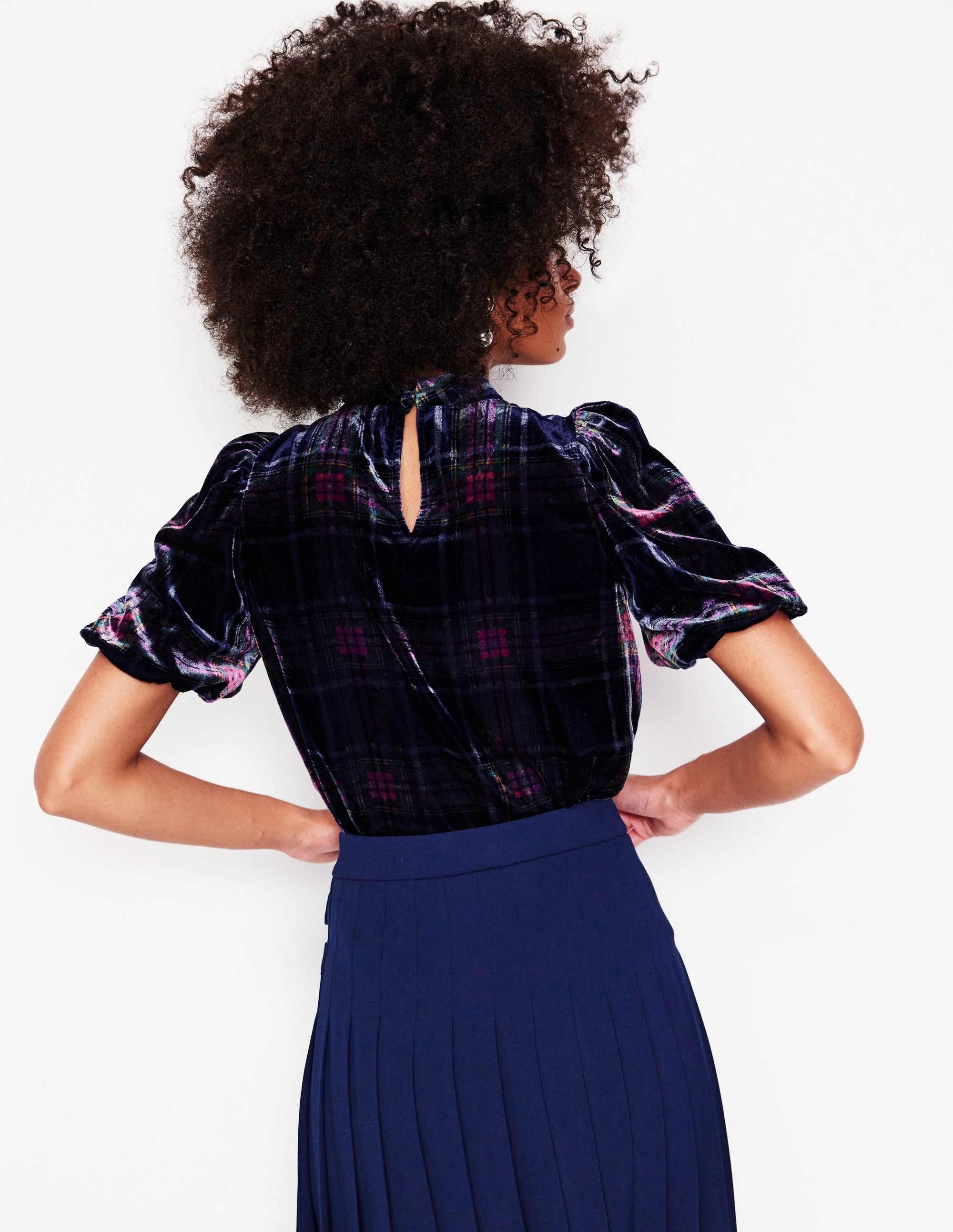 Puff Sleeve Velvet Top-Navy and Red Check Biodegradable Fiber Composition