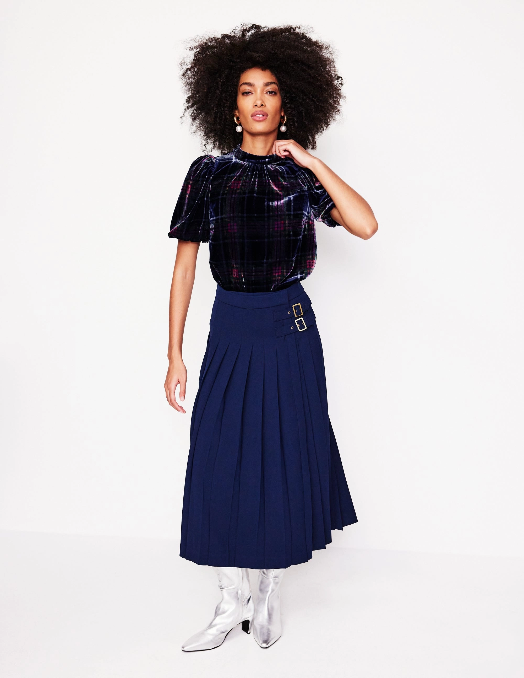 Puff Sleeve Velvet Top-Navy and Red Check DoubleLayered Collar