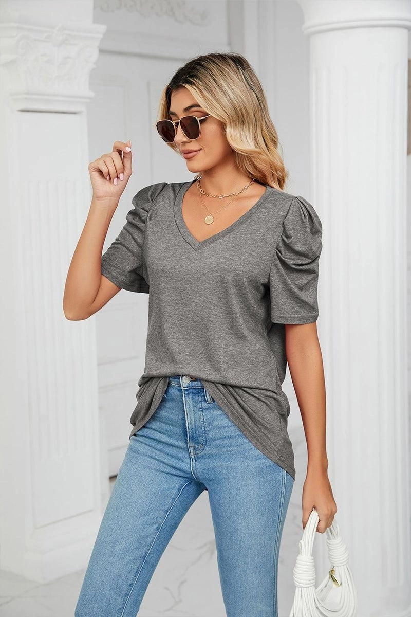 Layered Collar PUFFED SLEEVE SOLID CASUAL TOP