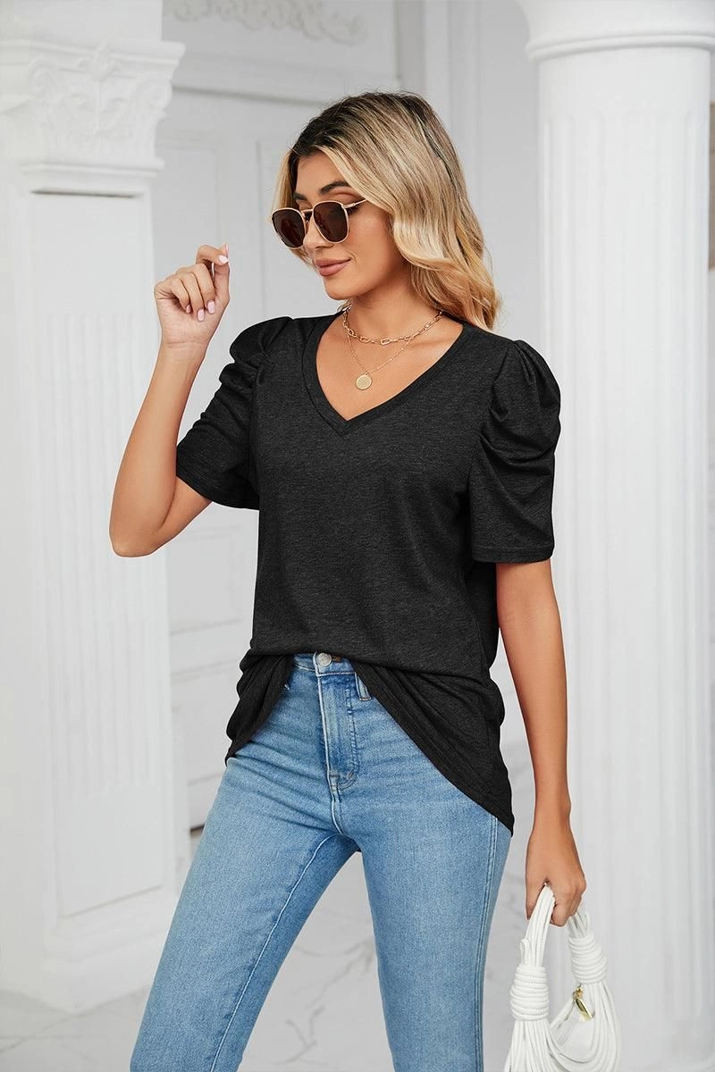 PUFFED SLEEVE SOLID CASUAL TOP BreathableBackVents Breathable Lining