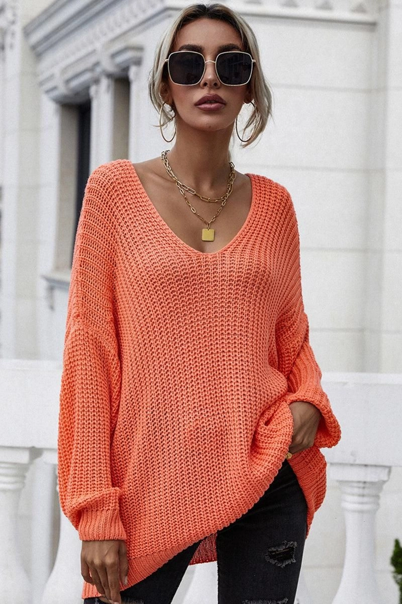PULLOVER V NECK SOLID COLOR SWEATER Low Profile Stitching Neutral Tone Stitching