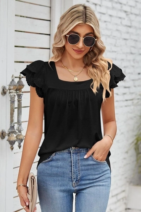 PUNCHING LACE ANGEL SLEEVE SQUARE NECK TUNIC TOP retro look Multi Pocket Configuration