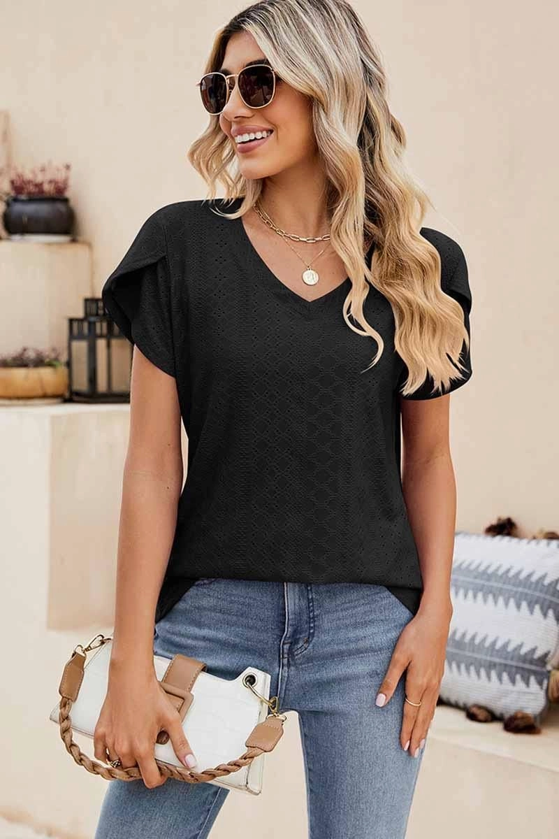 PUNCHING LACE TULIP PUFF V NECK T-SHIRTS DoubleLayered