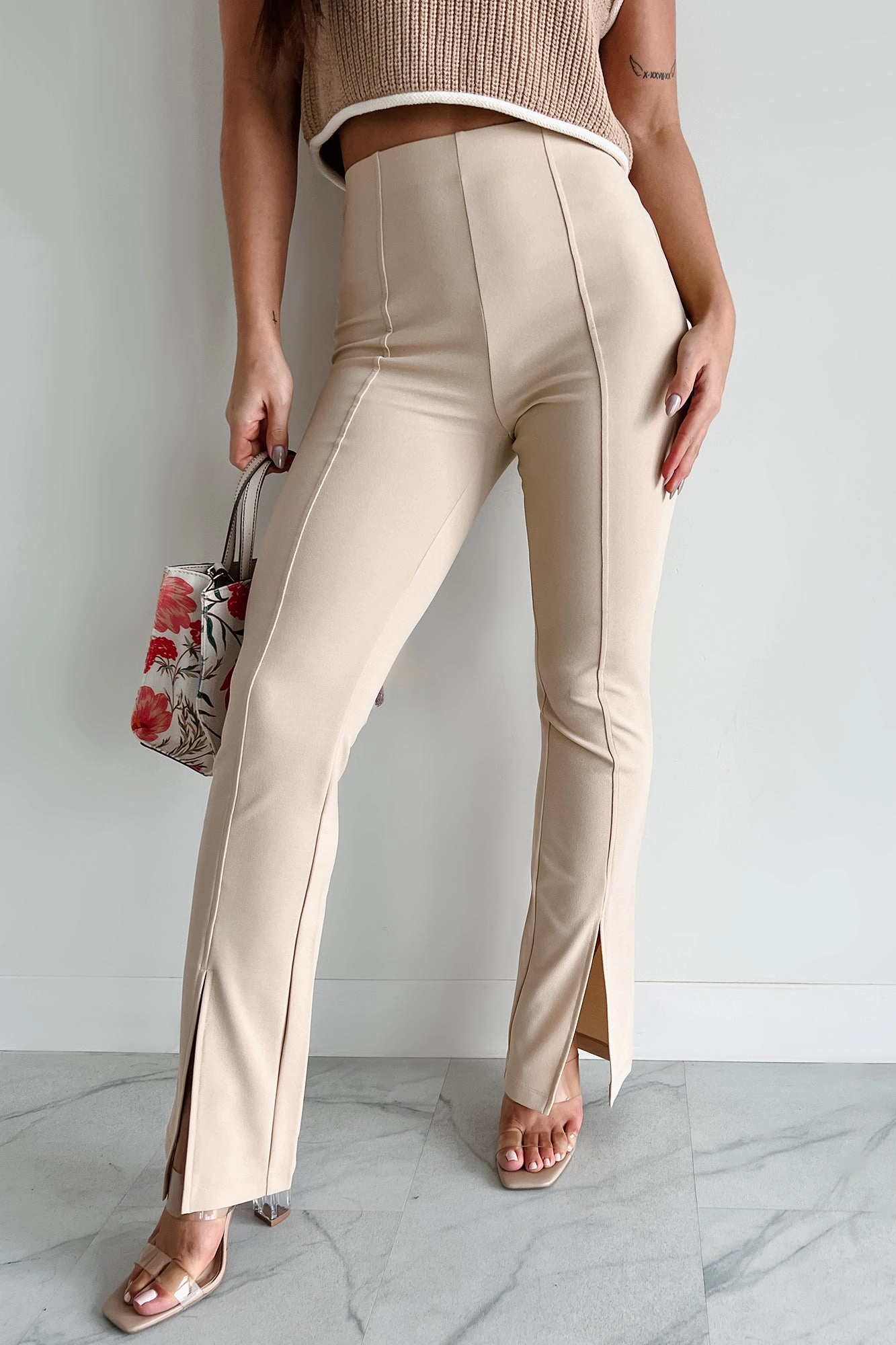 Pure Class Pintuck Hem Slit Pants (Sand) Quick Release Closure Non Irritating Tags