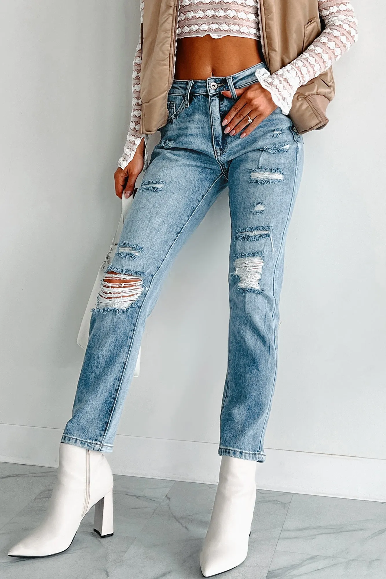 All Time Basic Emilio High Rise Distressed Rigid Stretch Special A Jeans (Medium Light)