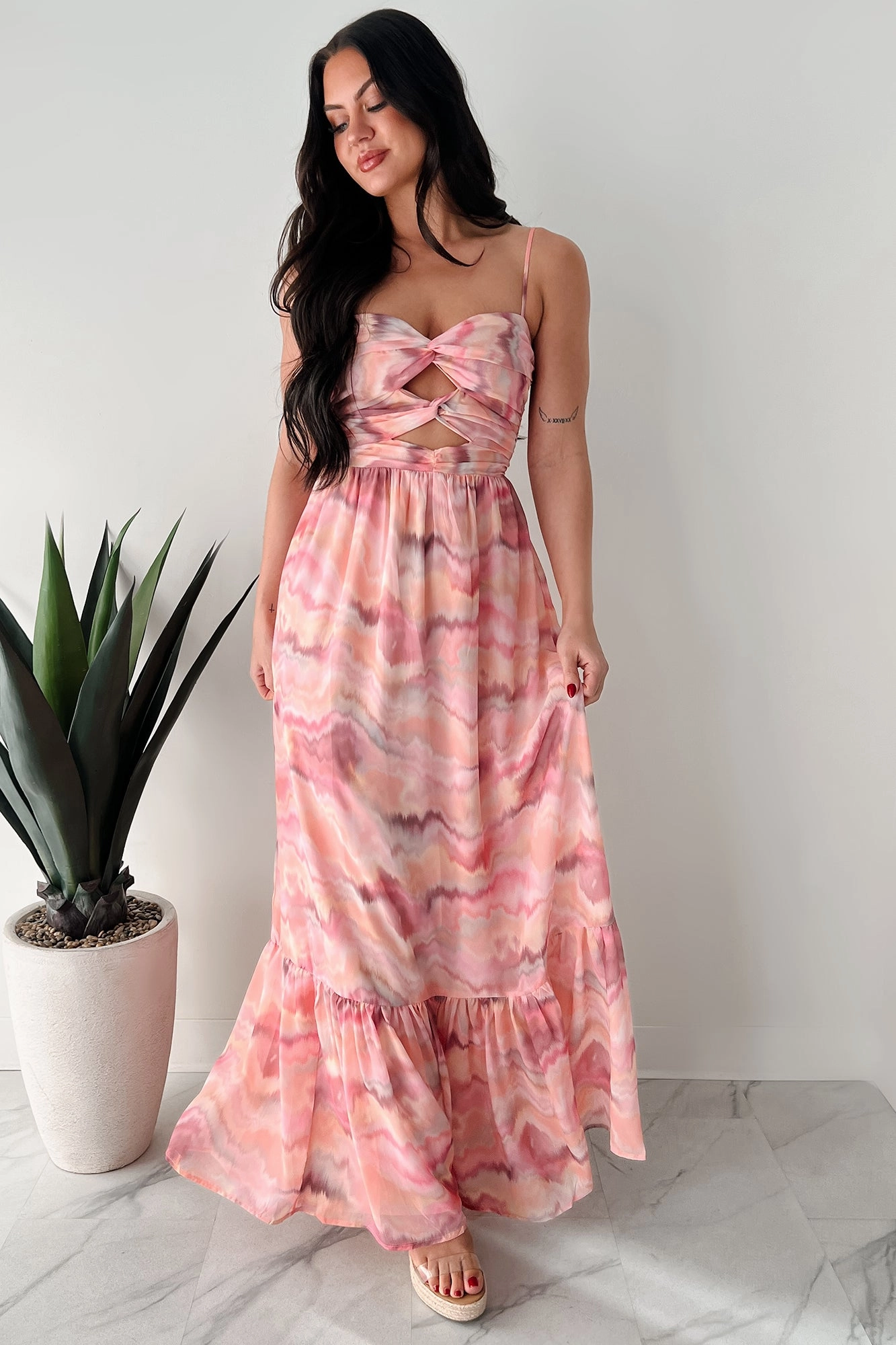 I Hope You Think Of Me Marble Printed Maxi Dress (Pink Multi) Fresh Form