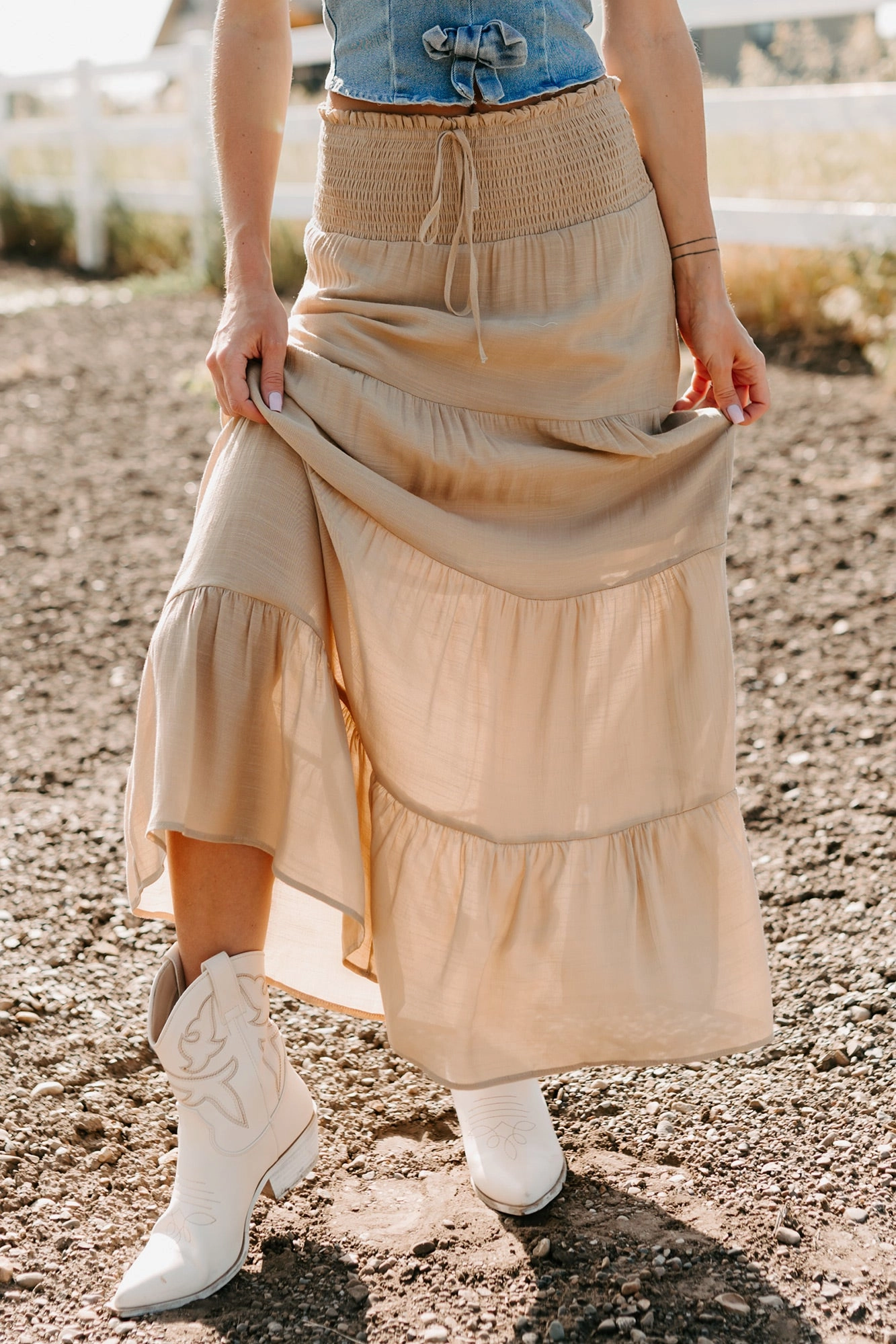Ocean Serenade Tiered Maxi Skirt (Khaki) Thermal Lining