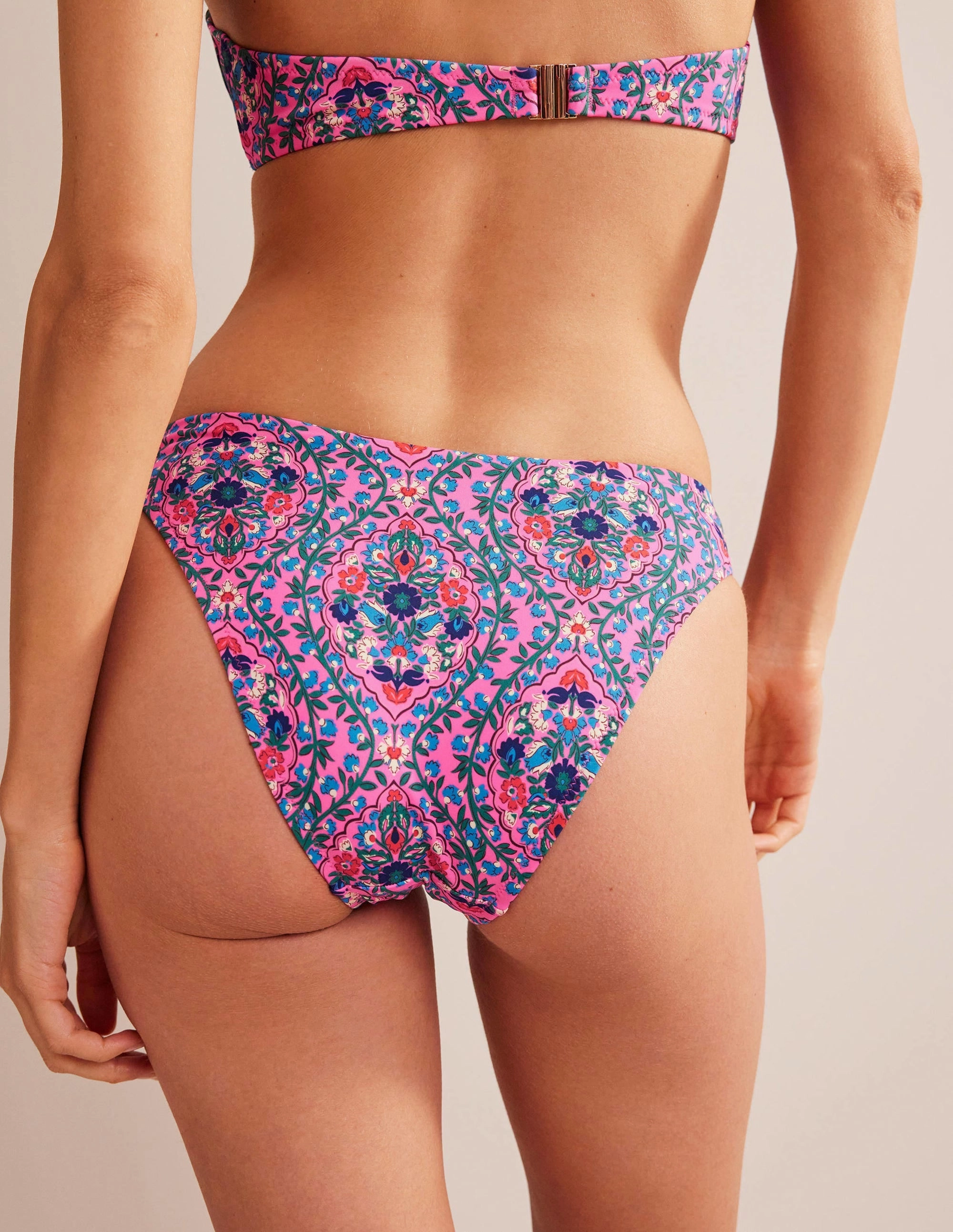 Curved-Top Bikini Bottoms-Festival Pink, Vine Terrace Layered Coverage