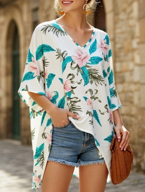 Two Tone Weave Anti Pilling Technology V Neck Printed Bat Sleeve Top with Loose Baggy Fit