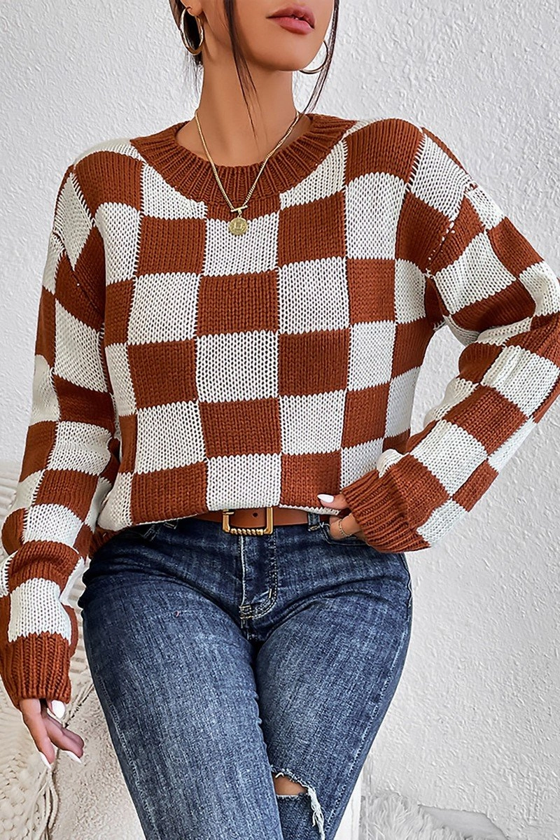 WOMEN LOOSE FIT RIBBED PLAID PATTERN KNIT SWEATER Button Down Collar