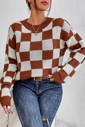 StaticResistantFabric BreathableFabric WOMEN LOOSE FIT RIBBED PLAID PATTERN KNIT SWEATER
