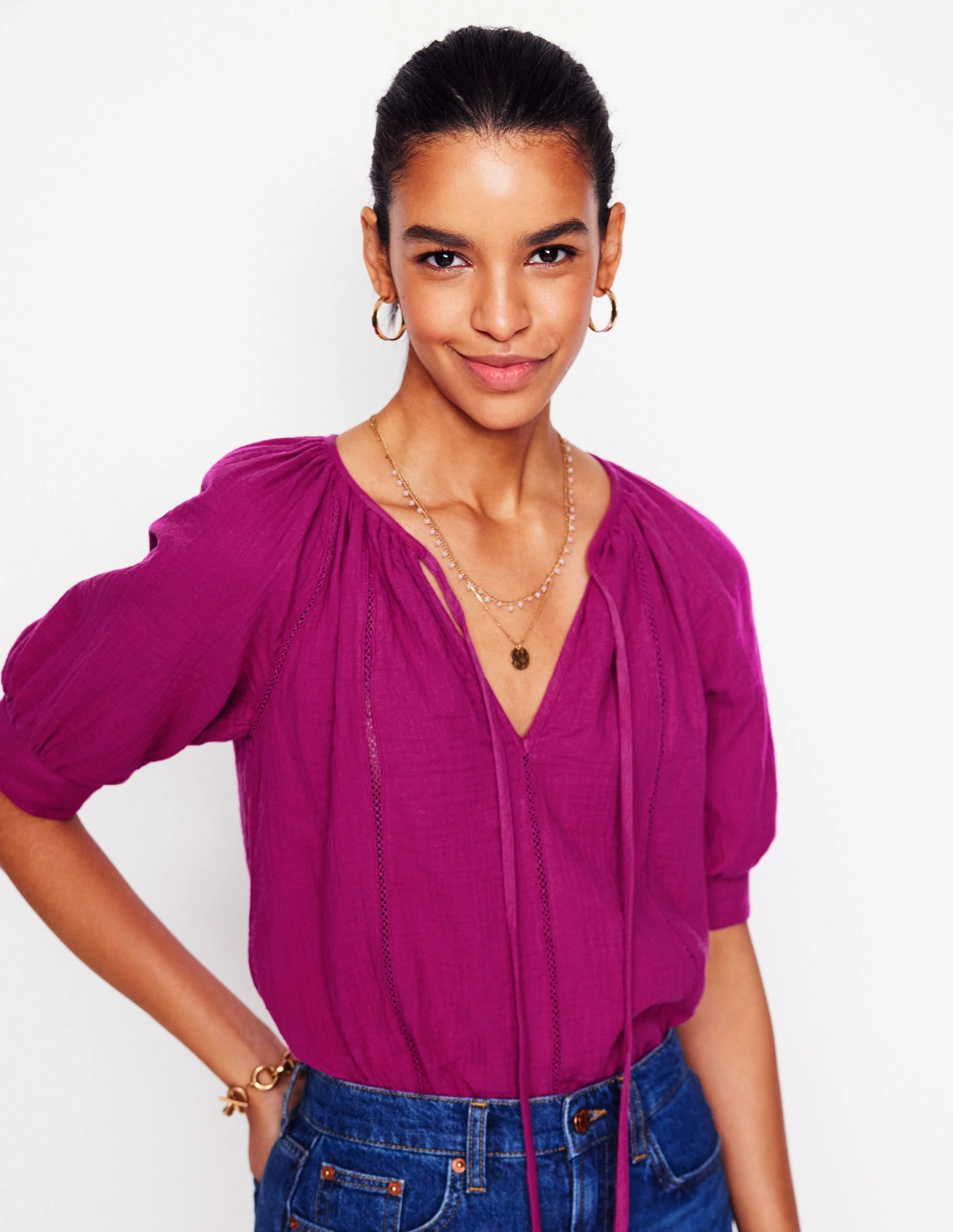 SlimFitAdaptation Trim Insert Double Cloth Top-Fuschia