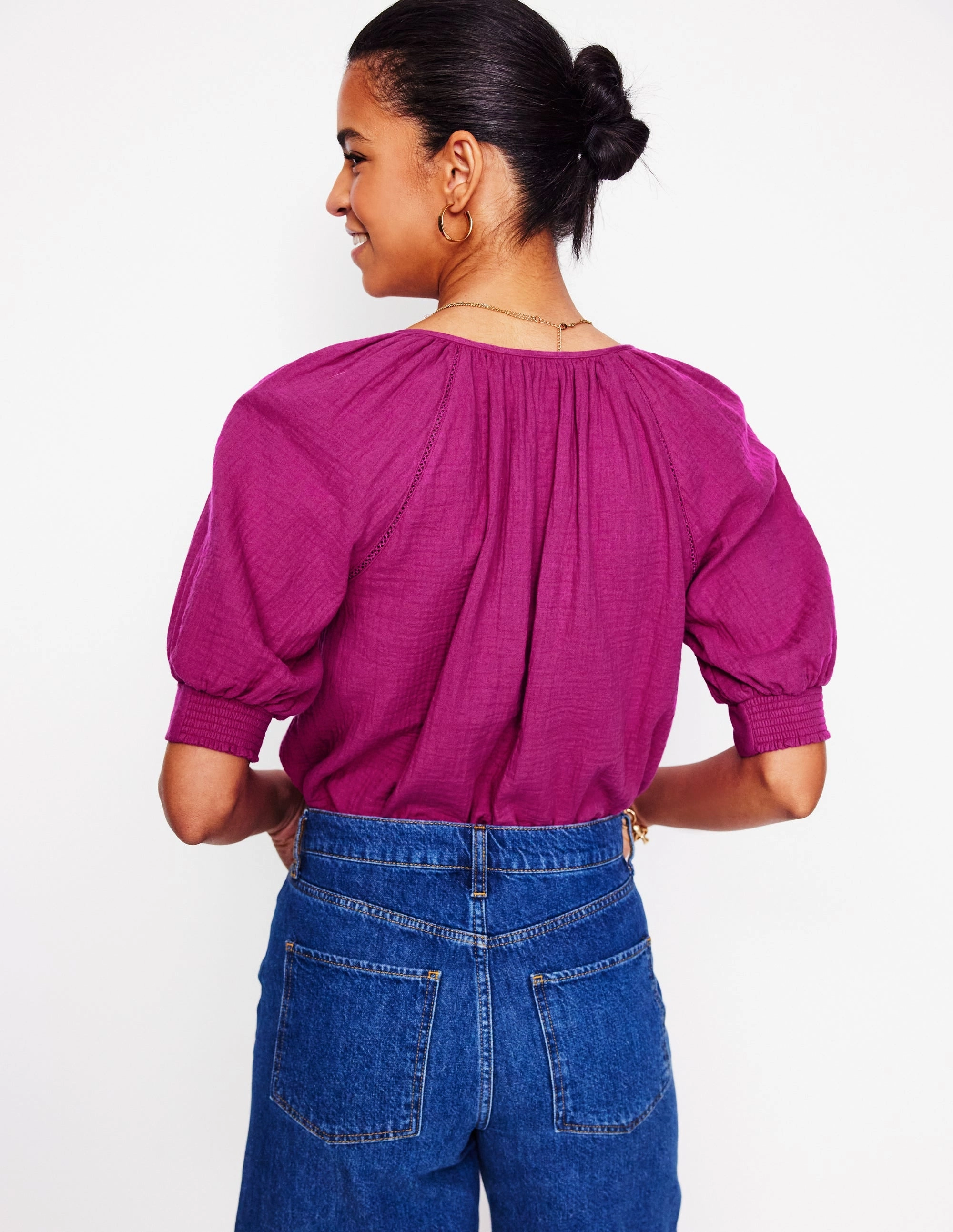 AdjustableDrawstring YarnDye Technique Trim Insert Double Cloth Top-Fuschia