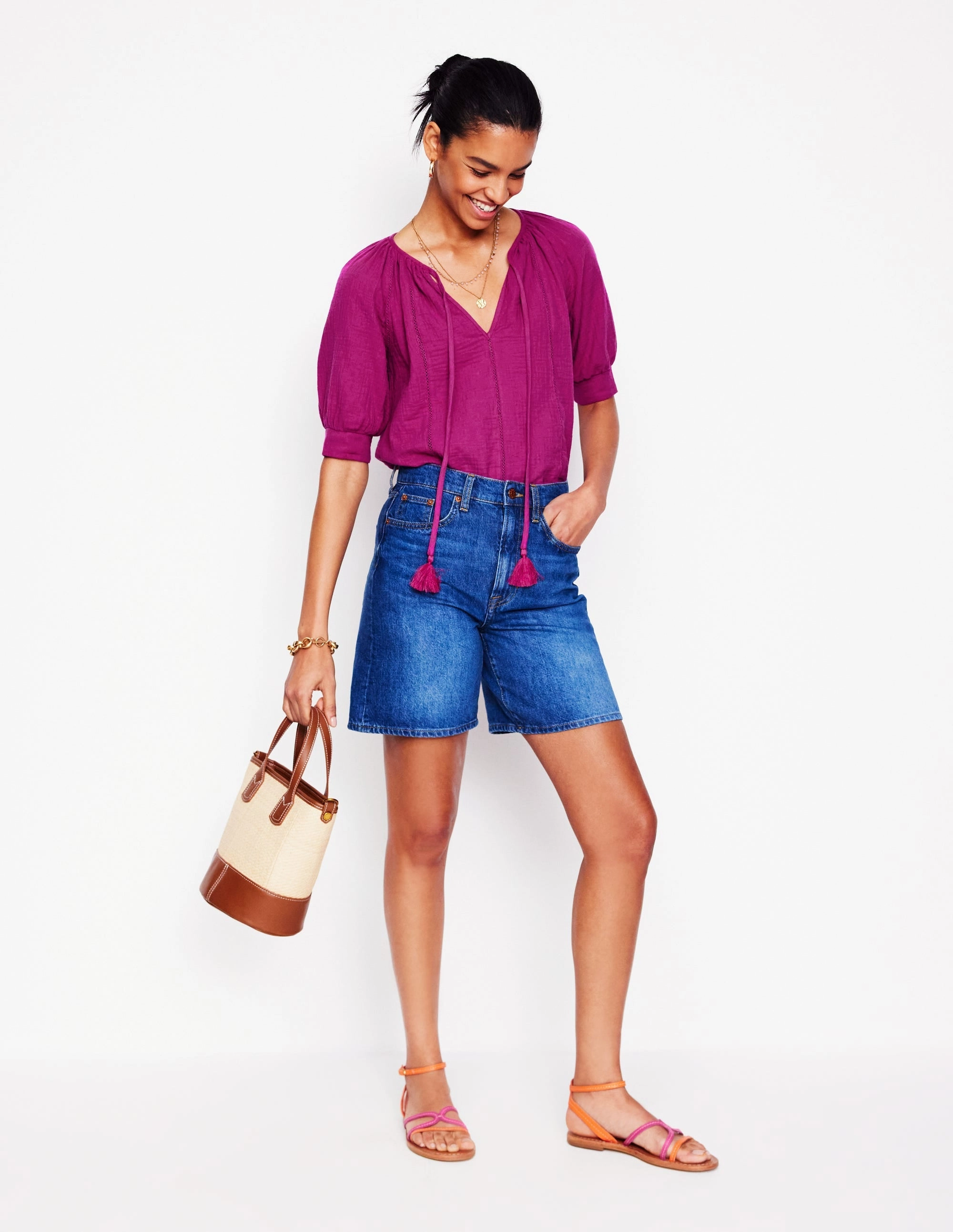 Flexible Knit Blend DoubleStitched Hem Trim Insert Double Cloth Top-Fuschia