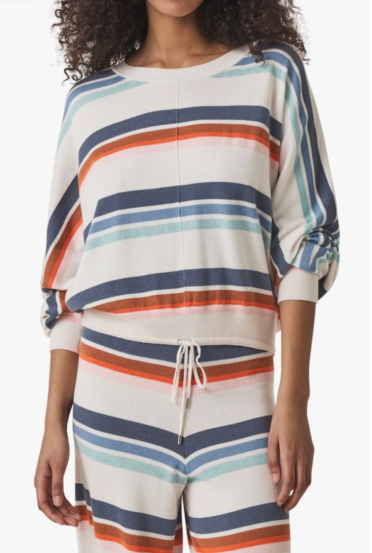 Quick Access Slit Polly Draw Tie Striped Sweater in Navy Multi