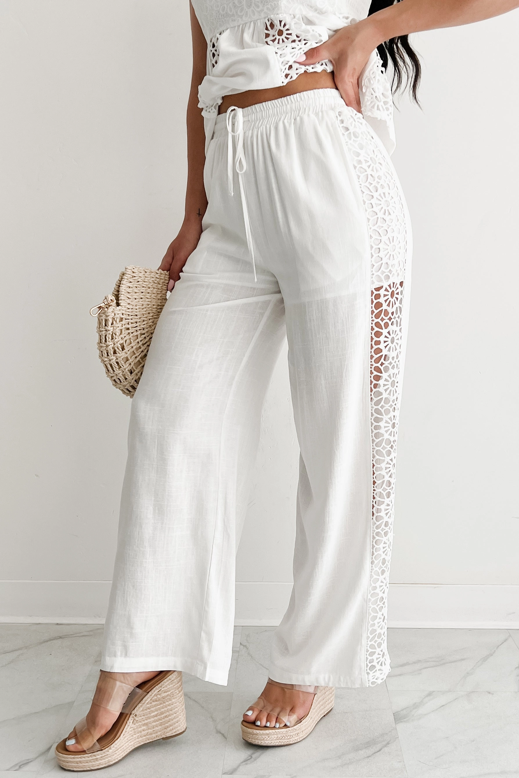 Gentle & Genuine Linen Crochet Wide Leg Pants (White) Trail Comfort Neutral Fit
