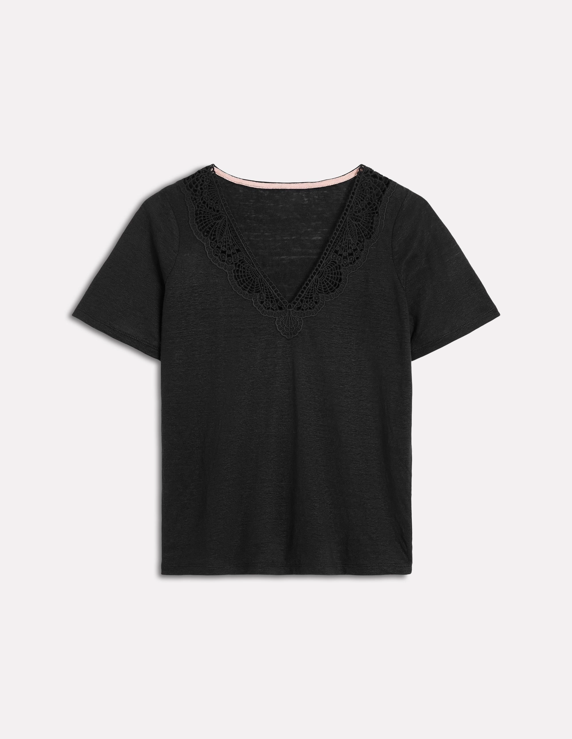 Lace Trim Linen T-shirt-Black Cooling Technology Textured Fabric Finish