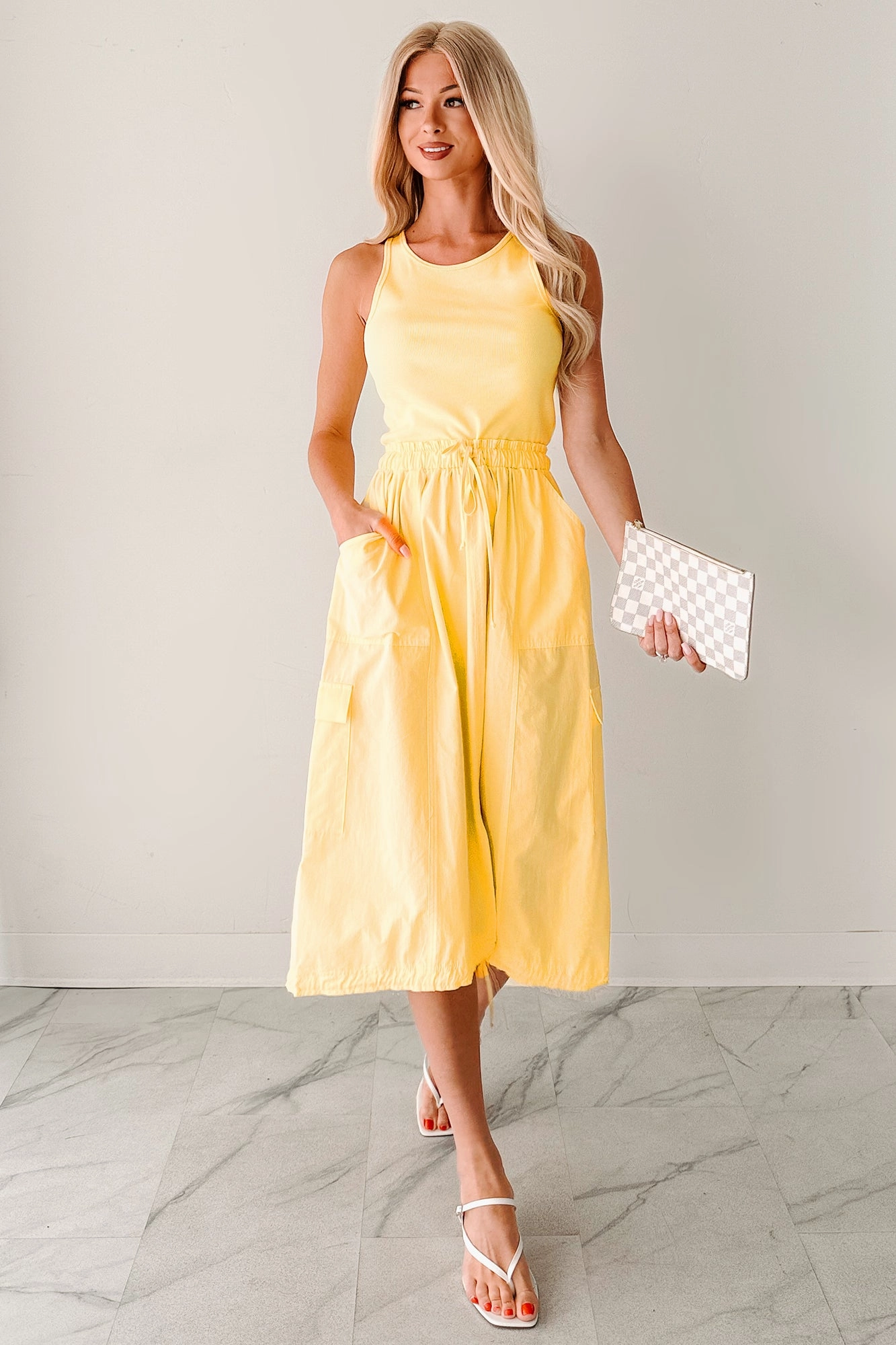 Quietly Extra Sleeveless Cargo Midi Dress (Yellow) Outfit Core