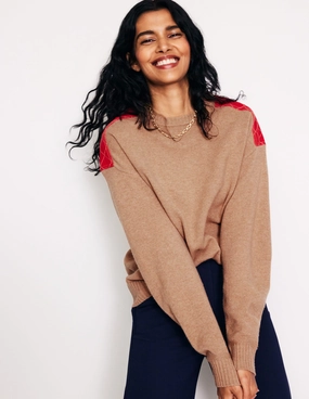 Quilted Patch Jumper-Camel Melange Easy Care Fabric