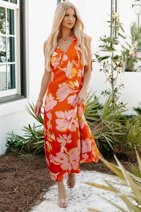 Effortless Style Radiant As Always Floral Satin Maxi Dress (Orange)