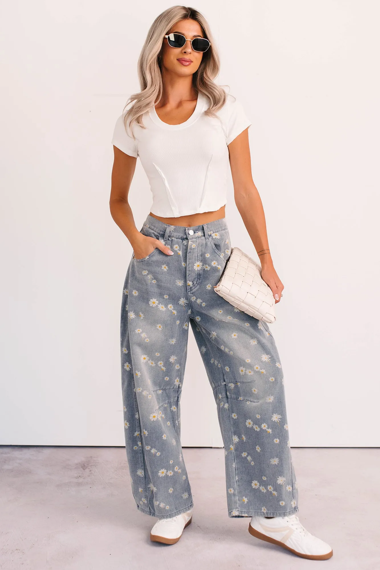Family Style Slim On The Move Rae Floral Stripe Wide Leg Barrel Jeans (Denim)