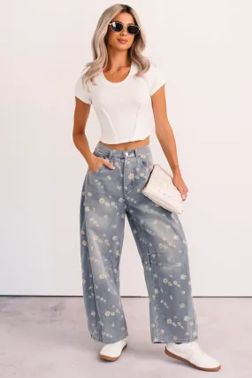 Rae Floral Stripe Wide Leg Barrel Jeans (Denim) Casual Energy Weekender Wear