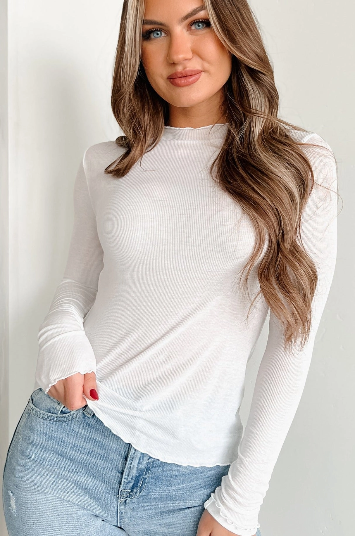 AthleisureInspired FadeResistant Treatment Random Thoughts Lettuce Hem Long Sleeve Top (White)