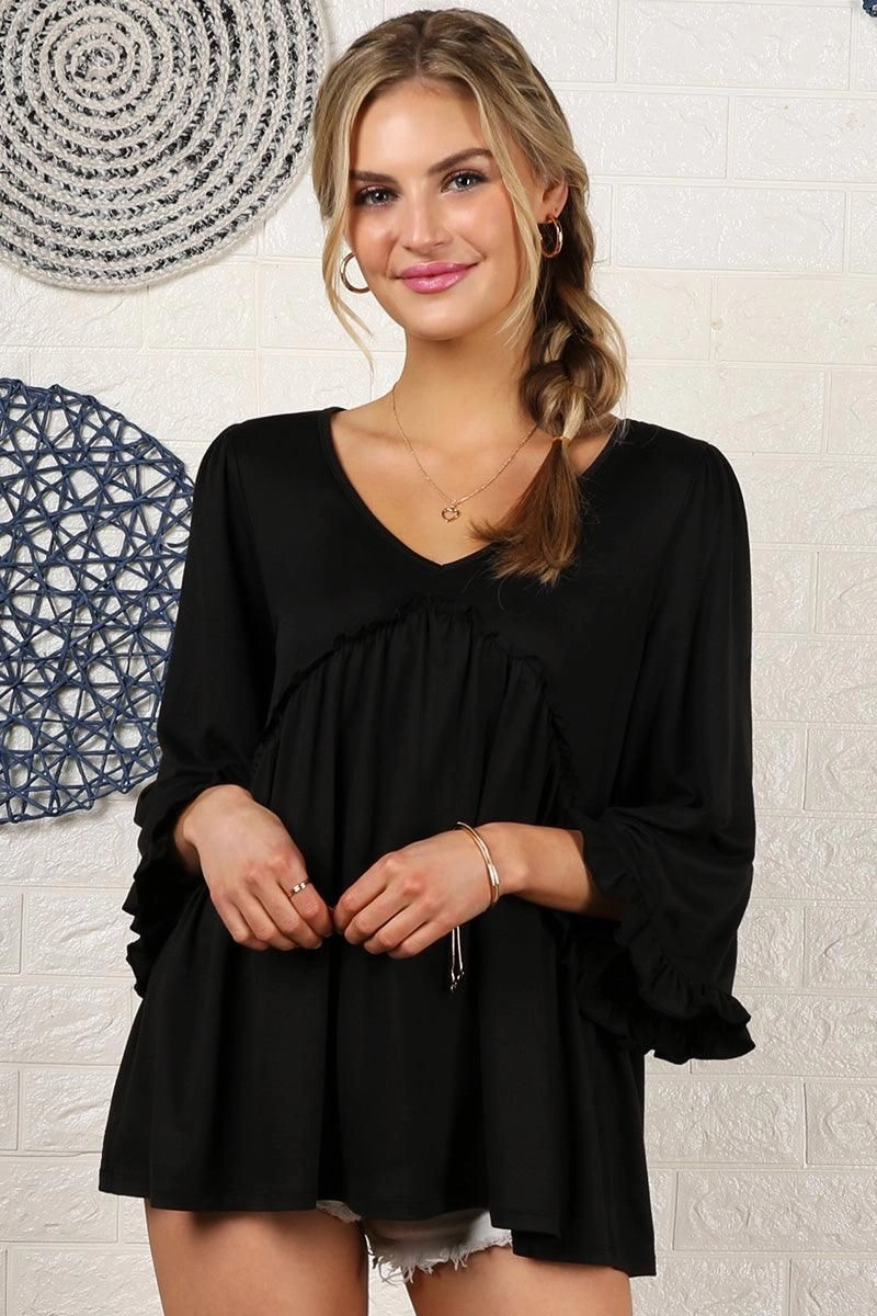 SnagFreeKnit V- NECK WITH MINI RUFFLE DETAILED FLARE TOP