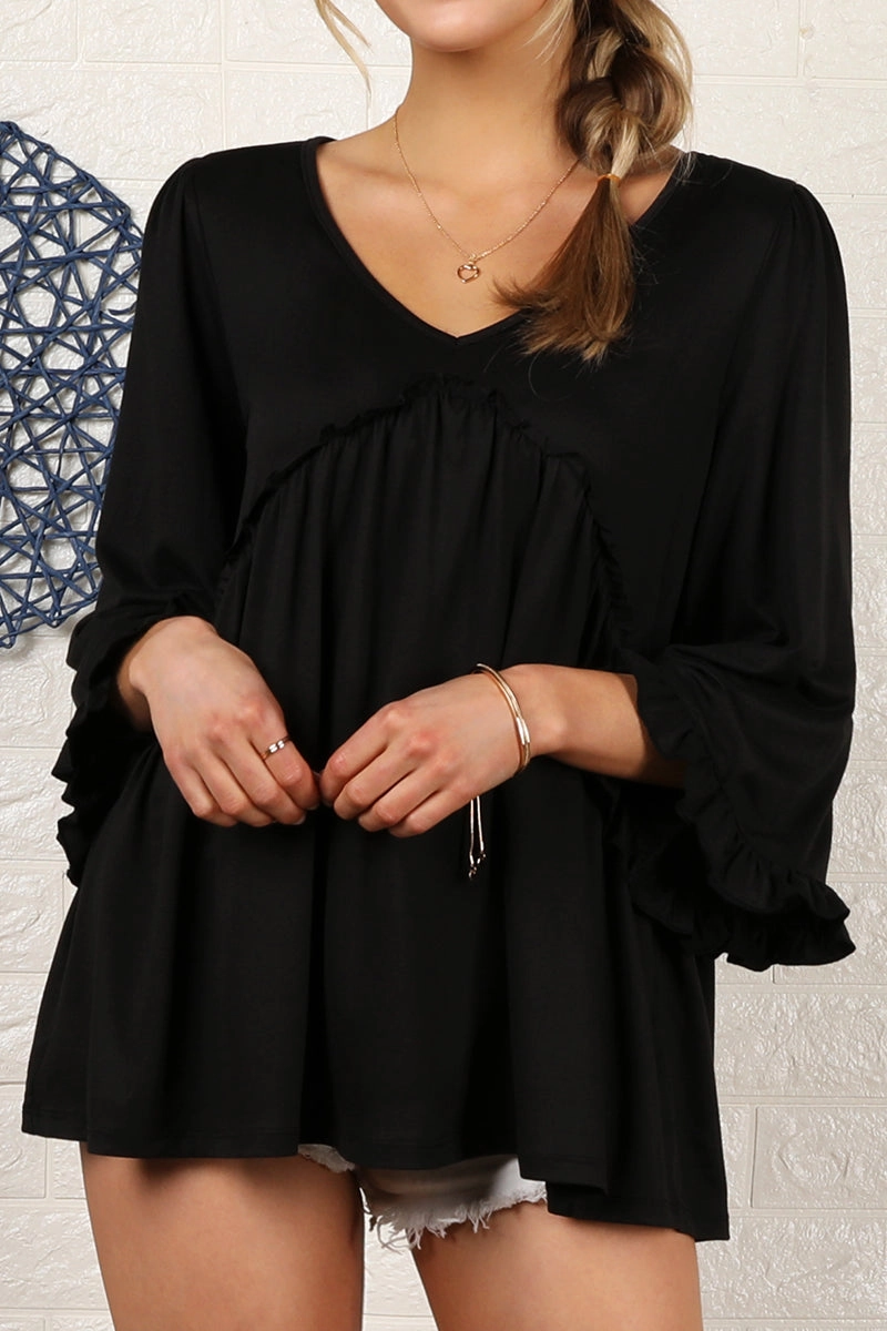 SoftTouchFinish Fade Resistant Treatment V- NECK WITH MINI RUFFLE DETAILED FLARE TOP