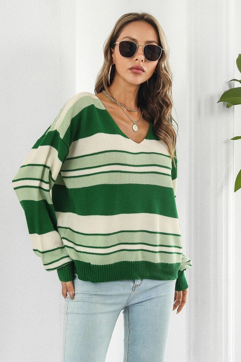 V NECK CASUAL STRIPE LONG SLEEVE SWEATER Wear Resistant Edge