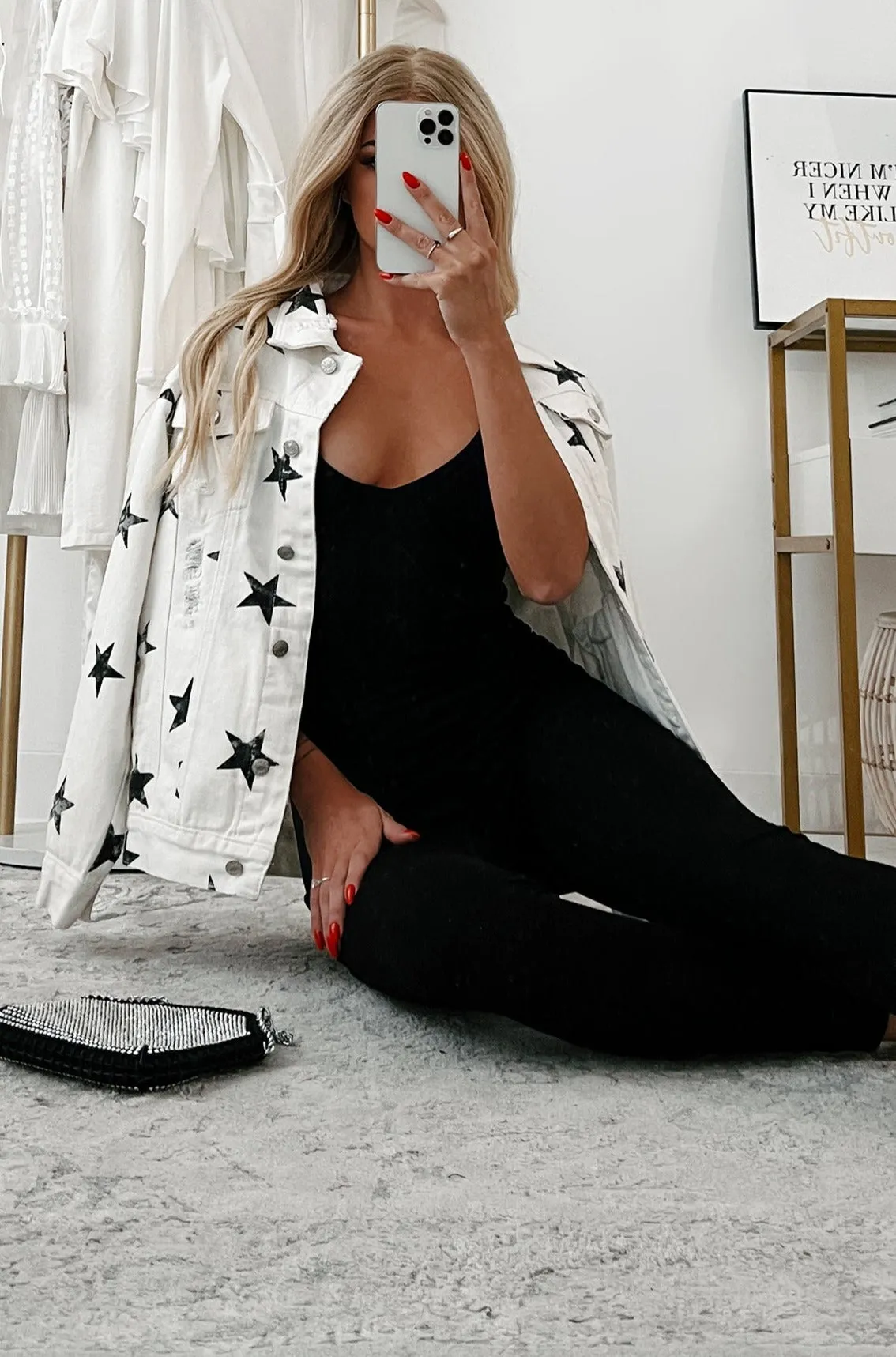 Reach For The Stars Distressed Denim Star Print Jacket (Off White) Anti Pill Finish Relaxed Tank