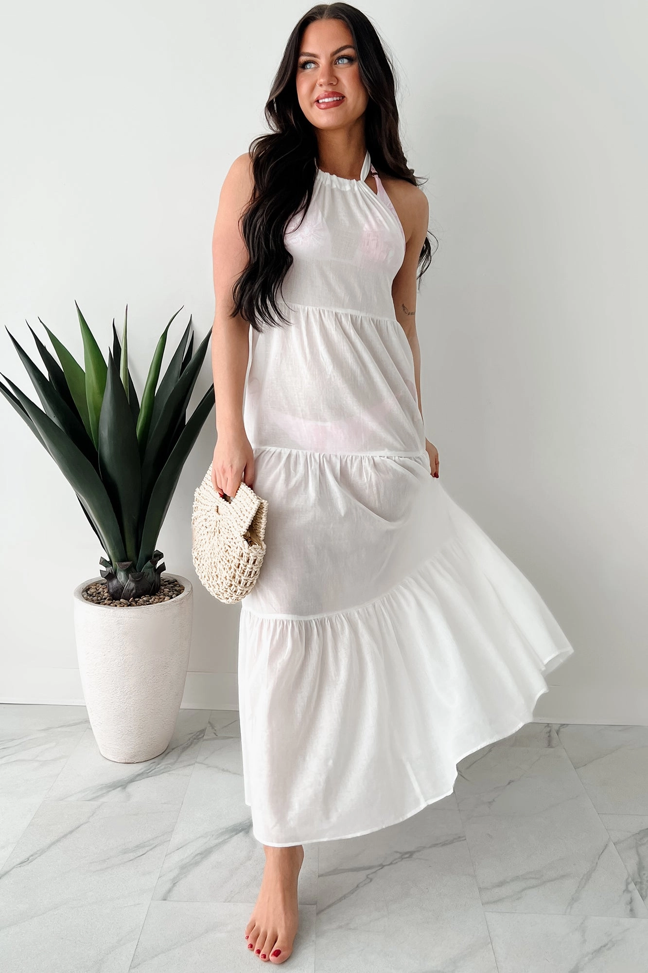 Travel Essential Vibrant Movement Reach To The Skies Halter Maxi Coverup Dress (Off White)