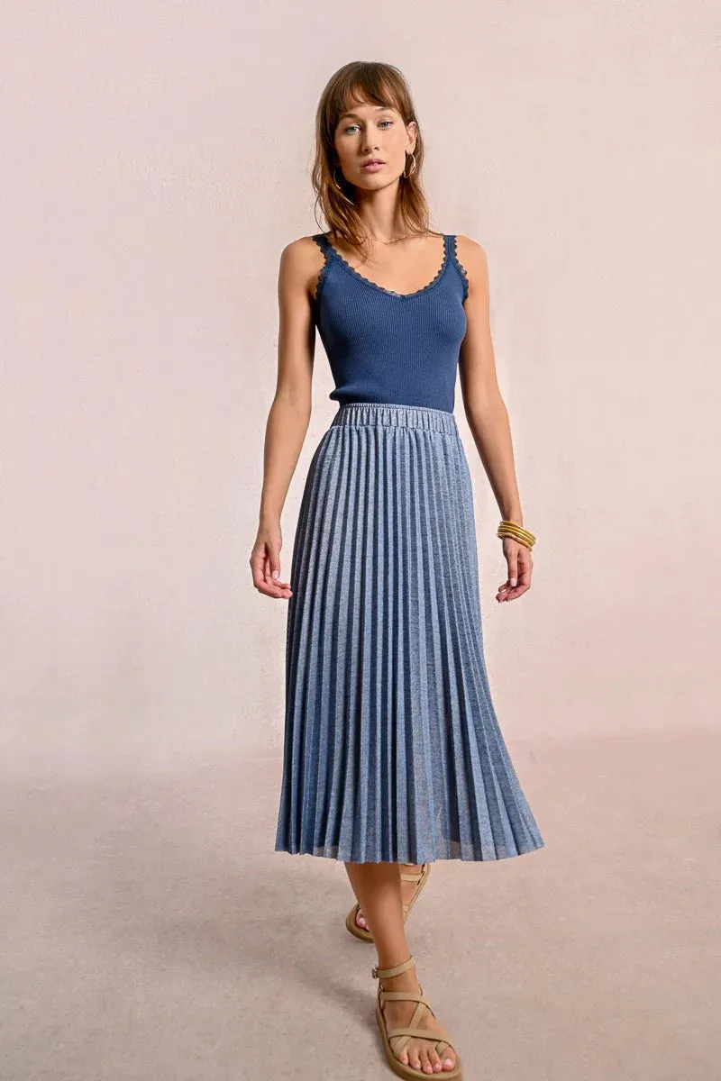 Pleated Knit Maxi Skirt in Iridescent Blue Jewel Tones Classic Mood