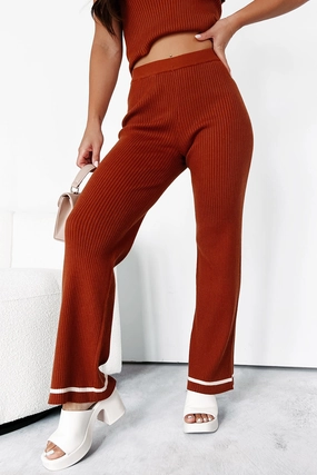 Crisp Leaves Ribbed Knit Straight Leg Pant (Rust) tech fabric Street Style