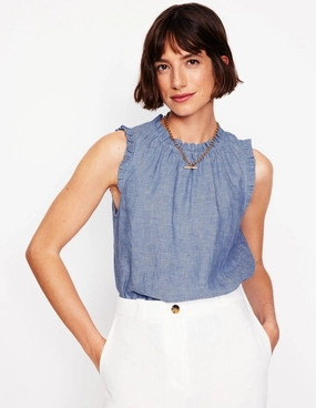 HeatRegulating Ribbed Hem Sophie Ruffle Linen Top-Chambray