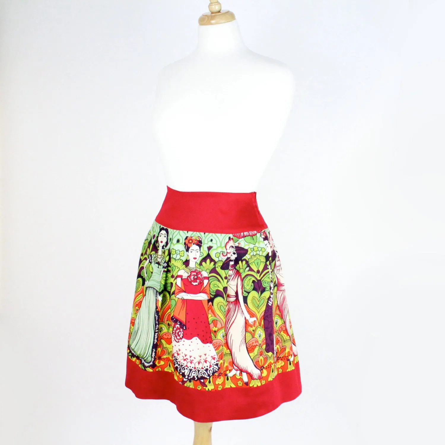 Red Frida Mexican Vintage Inspired Retro Skirt #S-RS236 Relaxed Design Wear