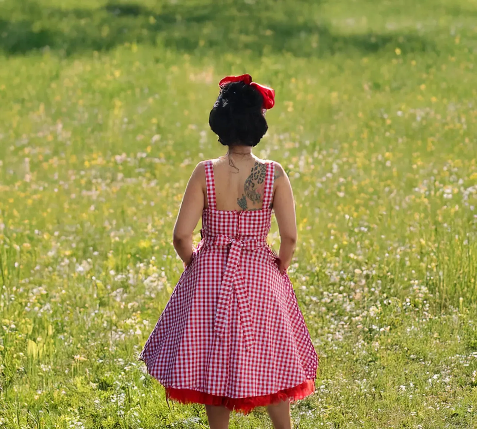 Bright-Hue Neutral Look Red Gingham Dress Full Circle Skirt  XS-3XL
