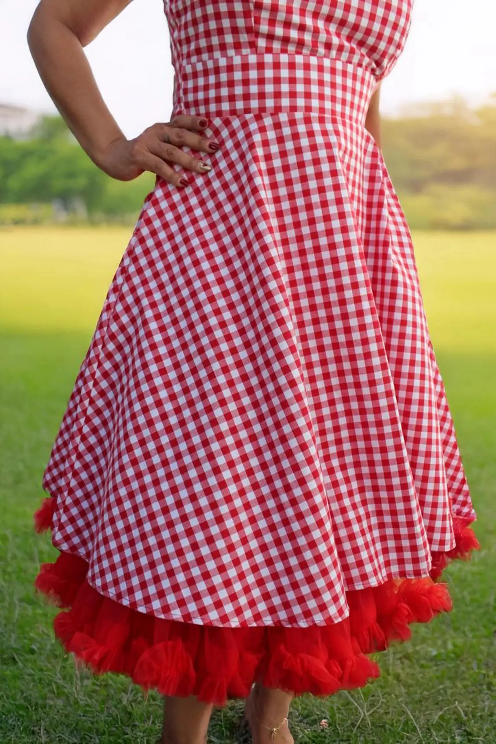 Comfortable casual dress Red Gingham Dress Full Circle Skirt  XS-3XL
