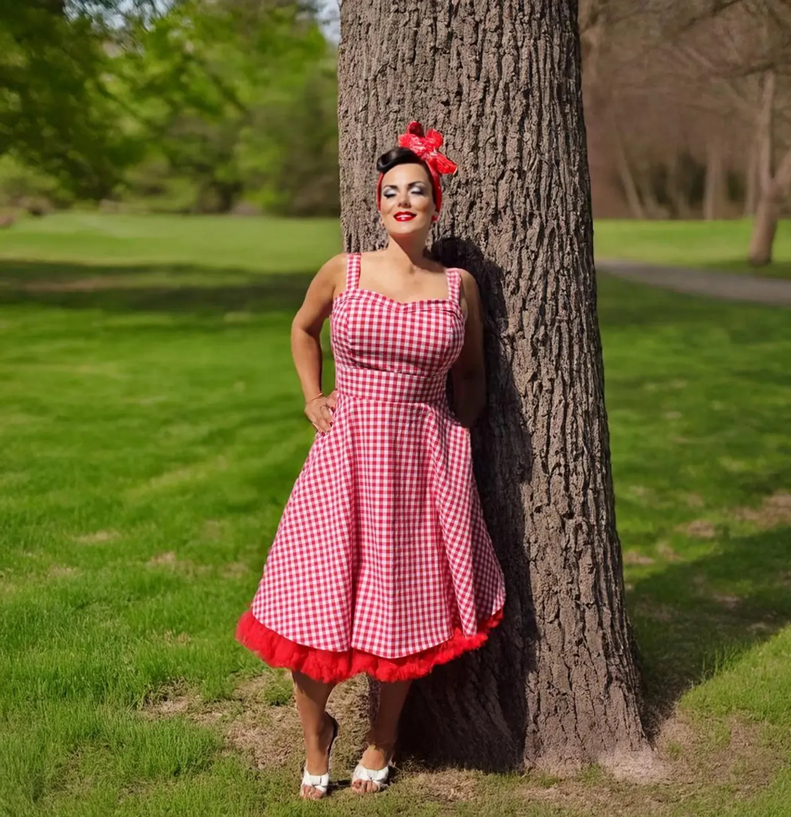 Red Gingham Dress Full Circle Skirt  XS-3XL Comfortable fit dress for all body types
