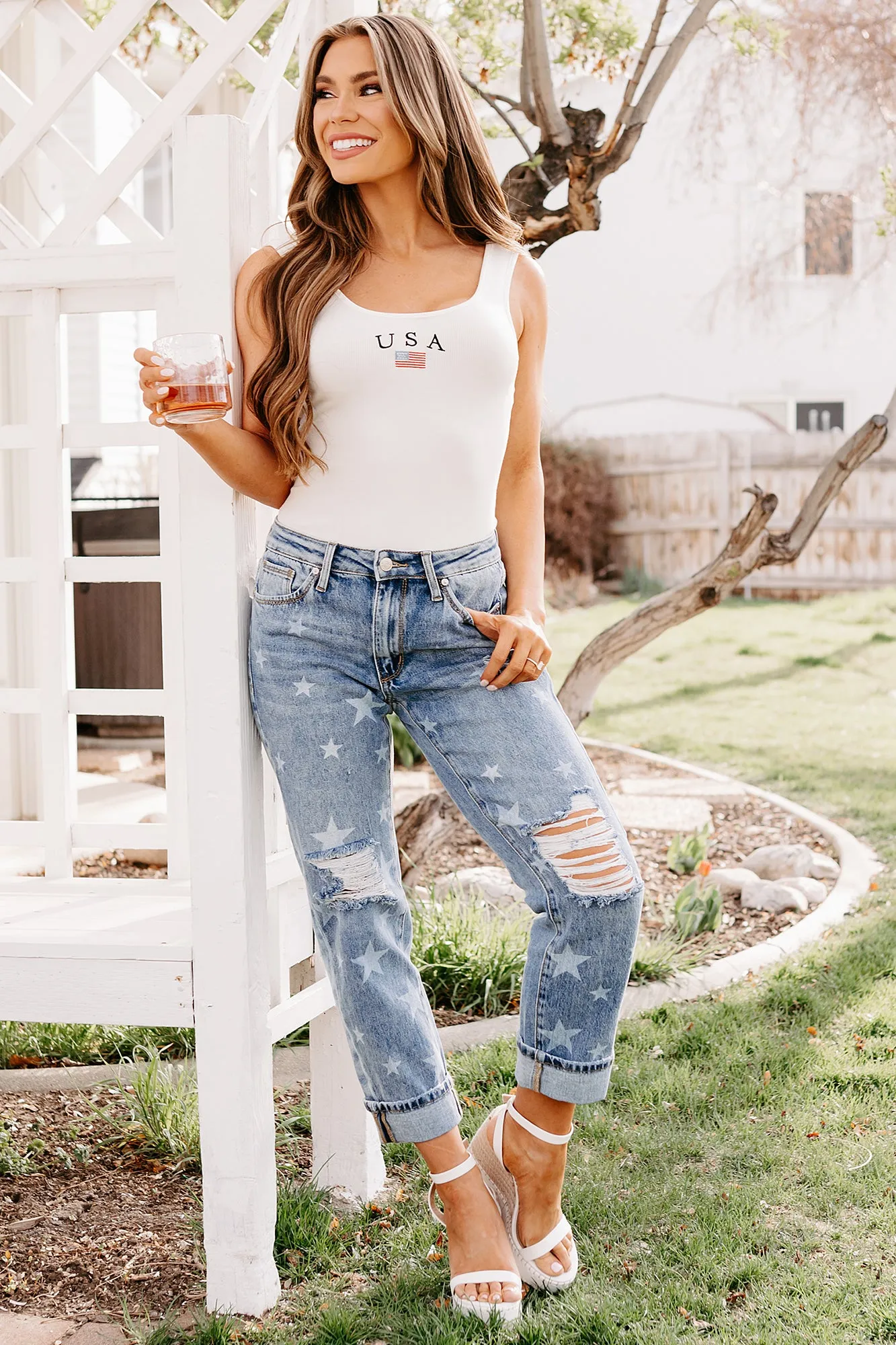 Comfy Touch Ruth Star Print Distressed Saige Jeans (Medium)