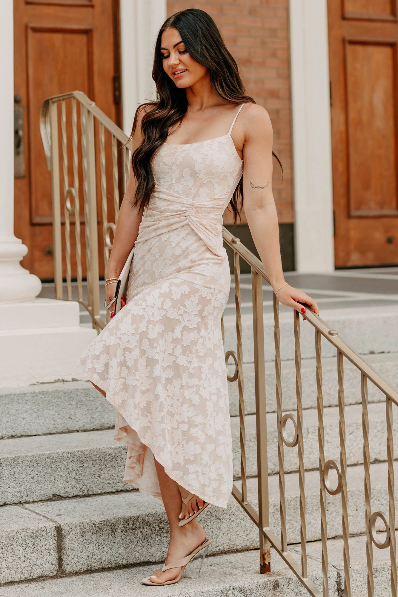 Boho Aesthetic Minimalist Look Refined Charm High Low Floral Jacquard Maxi Dress (Blush)