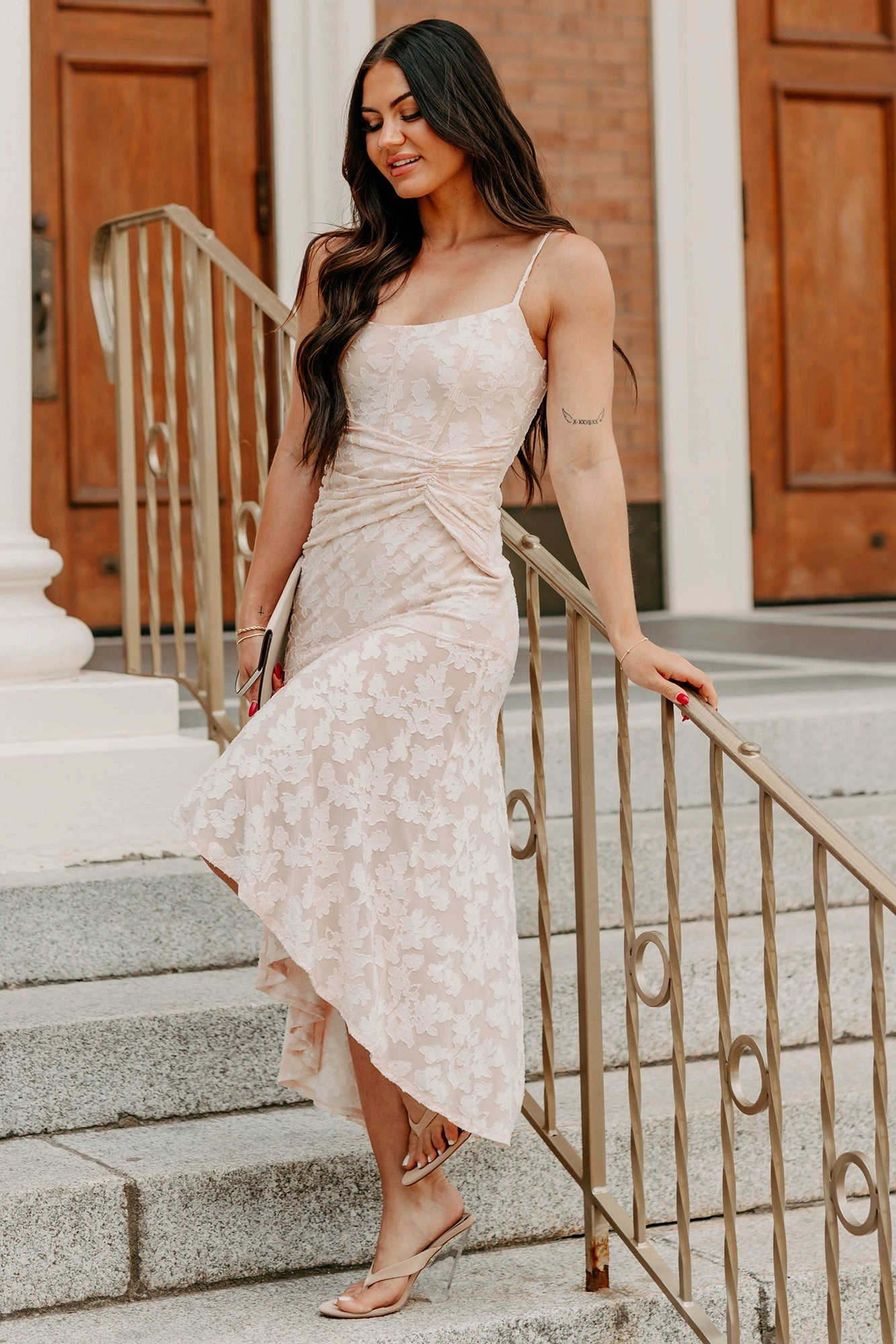 Refined Charm High Low Floral Jacquard Maxi Dress (Blush) Fresh Energy Texture Rich