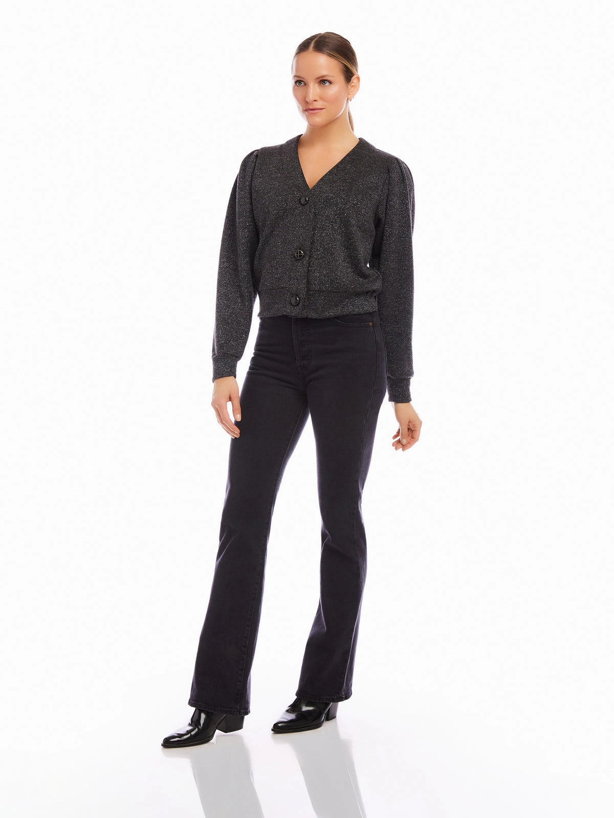 Madeline Cardigan in Black with Silver Stretch Woven Material Drop Shoulder Cut
